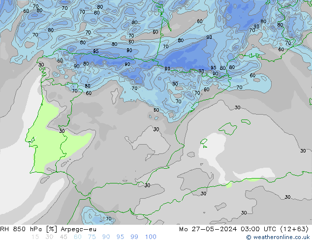 RH 850 hPa Arpege-eu lun 27.05.2024 03 UTC