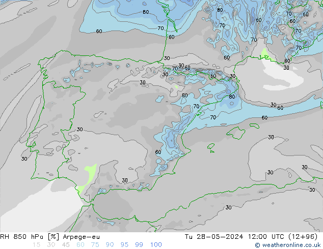 RH 850 hPa Arpege-eu Ter 28.05.2024 12 UTC