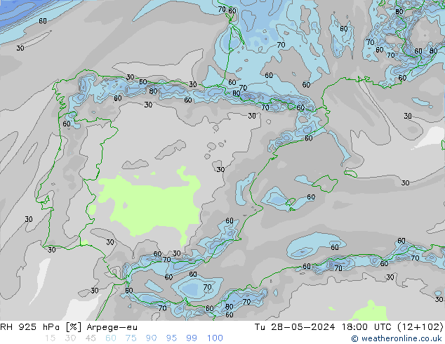 RH 925 hPa Arpege-eu Út 28.05.2024 18 UTC