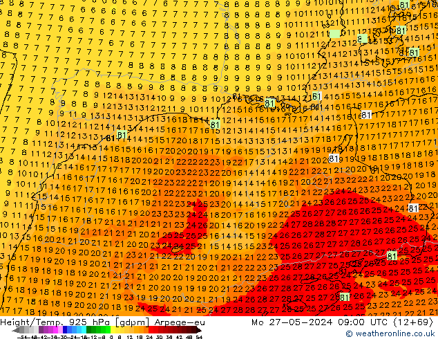 Height/Temp. 925 гПа Arpege-eu пн 27.05.2024 09 UTC