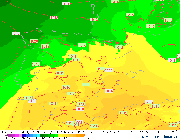 Espesor 850-1000 hPa Arpege-eu dom 26.05.2024 03 UTC