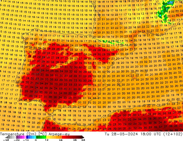 Temperature (2m) Arpege-eu Tu 28.05.2024 18 UTC