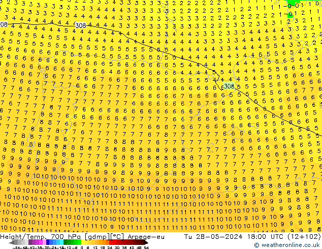 Height/Temp. 700 hPa Arpege-eu Tu 28.05.2024 18 UTC