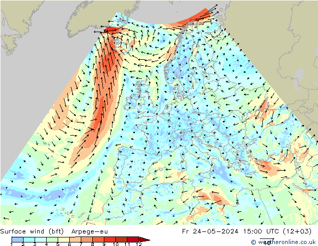 Wind 10 m (bft) Arpege-eu vr 24.05.2024 15 UTC