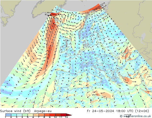 Surface wind (bft) Arpege-eu Pá 24.05.2024 18 UTC