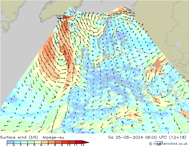 Surface wind (bft) Arpege-eu Sa 25.05.2024 06 UTC