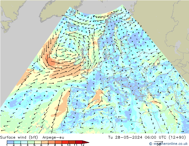 Wind 10 m (bft) Arpege-eu di 28.05.2024 06 UTC