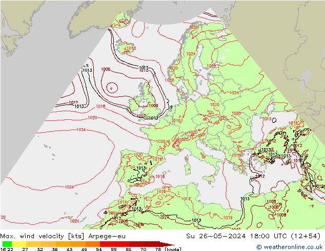 Max. wind snelheid Arpege-eu zo 26.05.2024 18 UTC