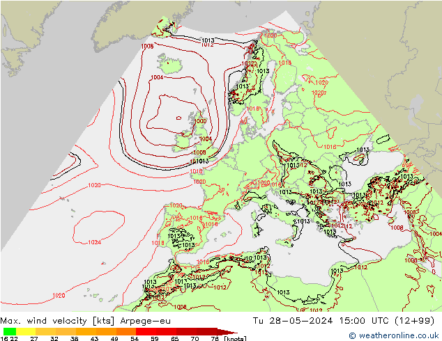 Max. wind velocity Arpege-eu wto. 28.05.2024 15 UTC