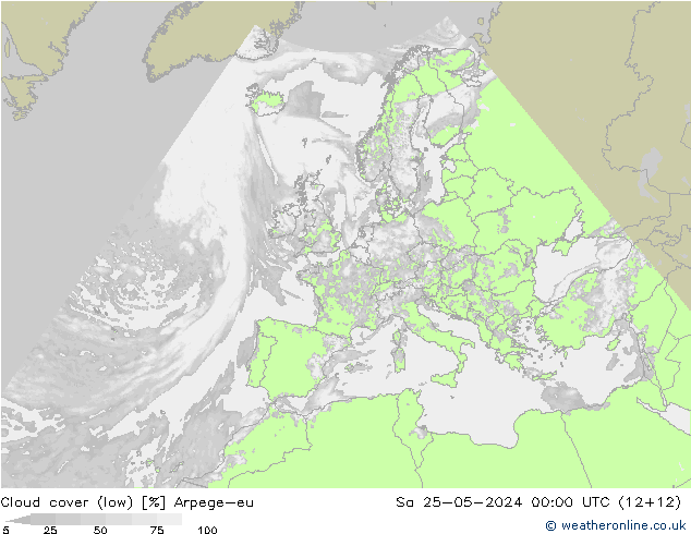 Cloud cover (low) Arpege-eu Sa 25.05.2024 00 UTC