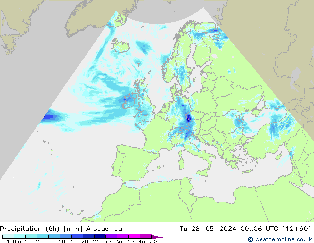 Totale neerslag (6h) Arpege-eu di 28.05.2024 06 UTC