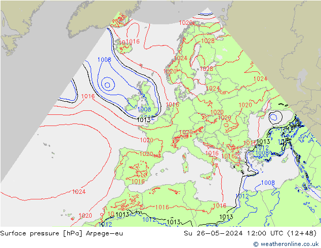 Pressione al suolo Arpege-eu dom 26.05.2024 12 UTC