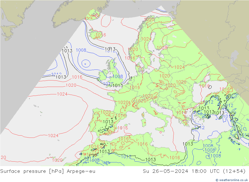 Pressione al suolo Arpege-eu dom 26.05.2024 18 UTC