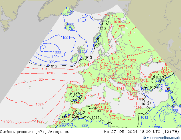 Atmosférický tlak Arpege-eu Po 27.05.2024 18 UTC