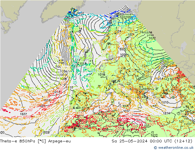 Theta-e 850hPa Arpege-eu Sa 25.05.2024 00 UTC