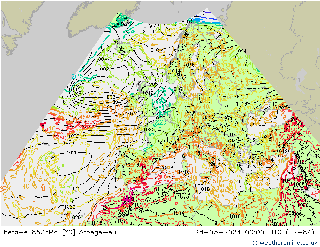 Theta-e 850hPa Arpege-eu Tu 28.05.2024 00 UTC