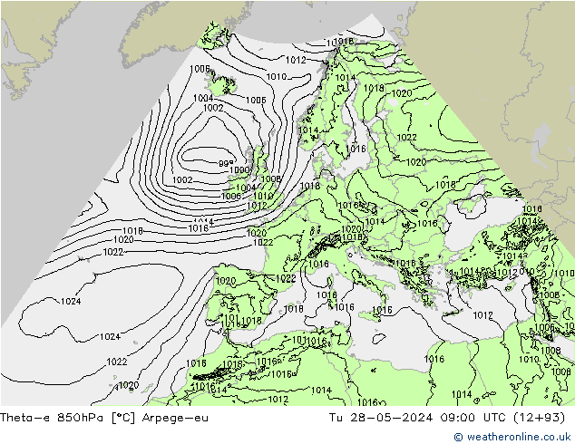 Theta-e 850hPa Arpege-eu Tu 28.05.2024 09 UTC