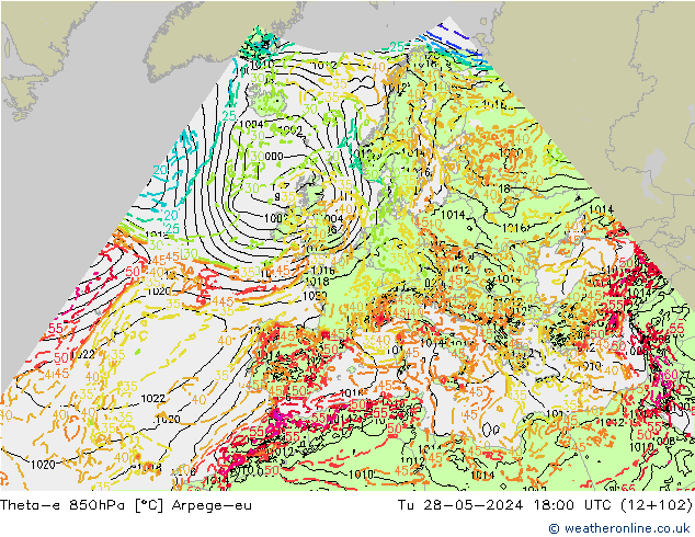 Theta-e 850hPa Arpege-eu Sa 28.05.2024 18 UTC