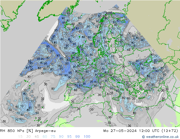 RH 850 hPa Arpege-eu Seg 27.05.2024 12 UTC