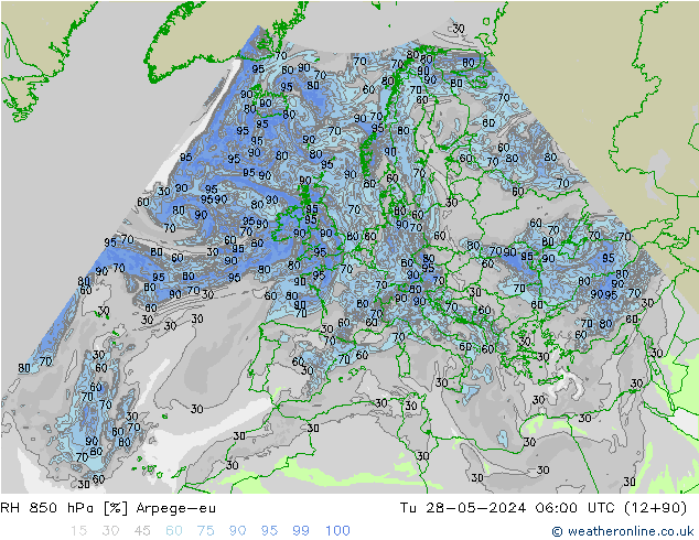 RH 850 hPa Arpege-eu Tu 28.05.2024 06 UTC