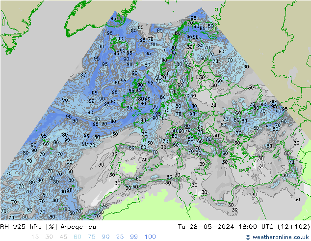 Humidité rel. 925 hPa Arpege-eu mar 28.05.2024 18 UTC