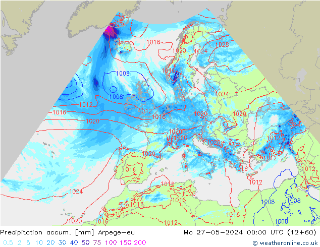 Precipitation accum. Arpege-eu lun 27.05.2024 00 UTC