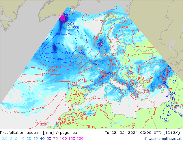 Totale neerslag Arpege-eu di 28.05.2024 00 UTC