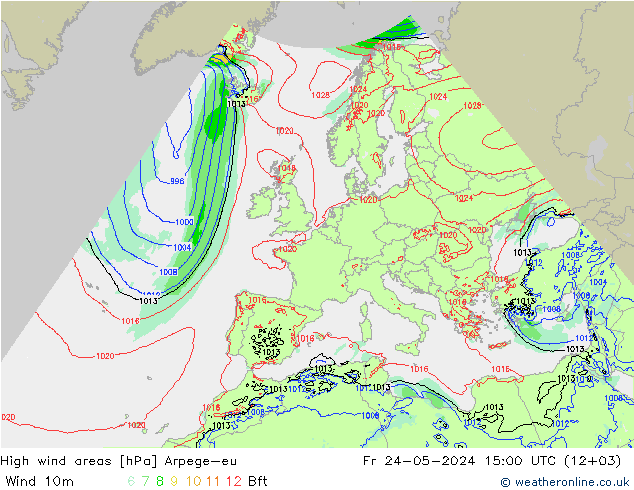 High wind areas Arpege-eu 星期五 24.05.2024 15 UTC