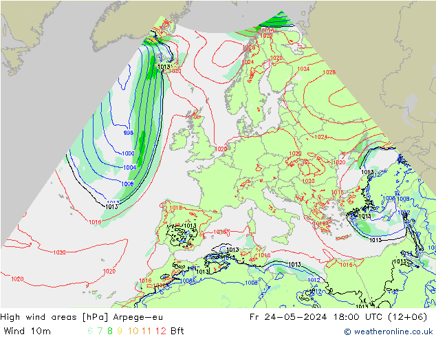 High wind areas Arpege-eu пт 24.05.2024 18 UTC