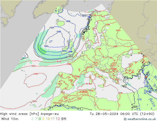 High wind areas Arpege-eu Tu 28.05.2024 06 UTC