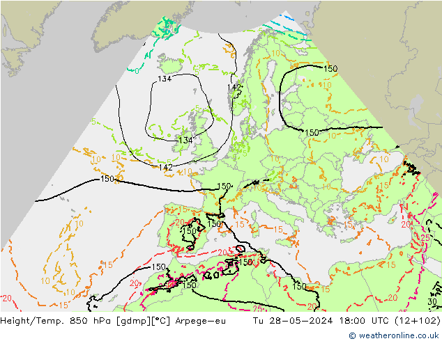 Geop./Temp. 850 hPa Arpege-eu mar 28.05.2024 18 UTC