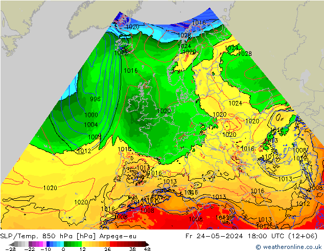 SLP/Temp. 850 hPa Arpege-eu vie 24.05.2024 18 UTC