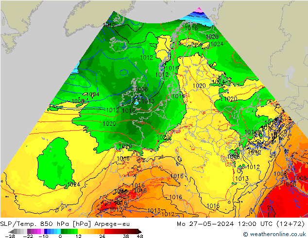 850 hPa Yer Bas./Sıc Arpege-eu Pzt 27.05.2024 12 UTC