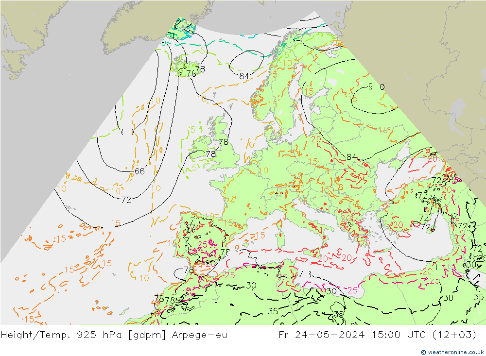 Height/Temp. 925 hPa Arpege-eu Fr 24.05.2024 15 UTC