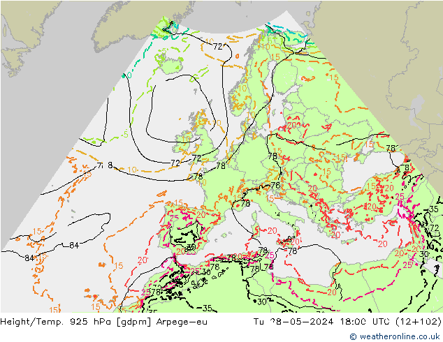 Height/Temp. 925 hPa Arpege-eu Tu 28.05.2024 18 UTC