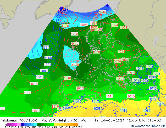 Espesor 700-1000 hPa Arpege-eu vie 24.05.2024 15 UTC