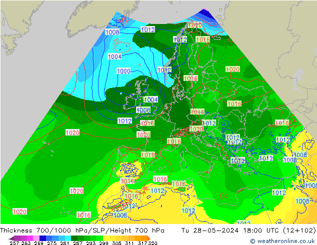 Espesor 700-1000 hPa Arpege-eu mar 28.05.2024 18 UTC