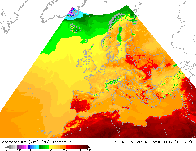 Temperatuurkaart (2m) Arpege-eu vr 24.05.2024 15 UTC