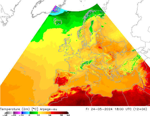 Temperaturkarte (2m) Arpege-eu Fr 24.05.2024 18 UTC