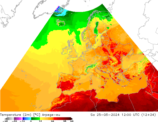 Temperaturkarte (2m) Arpege-eu Sa 25.05.2024 12 UTC