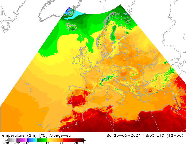 Temperatuurkaart (2m) Arpege-eu za 25.05.2024 18 UTC