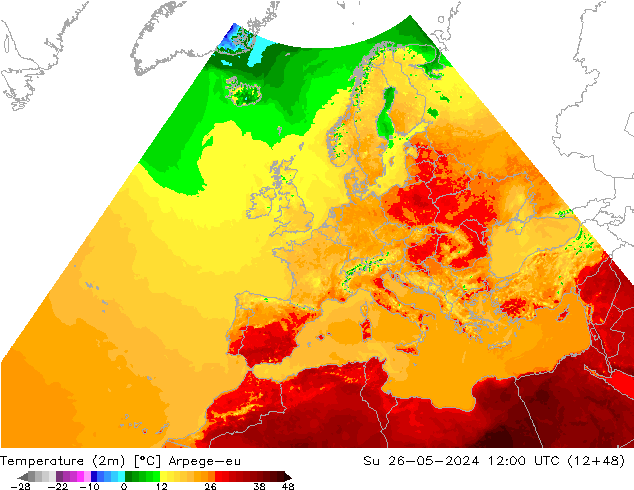 Temperatuurkaart (2m) Arpege-eu zo 26.05.2024 12 UTC
