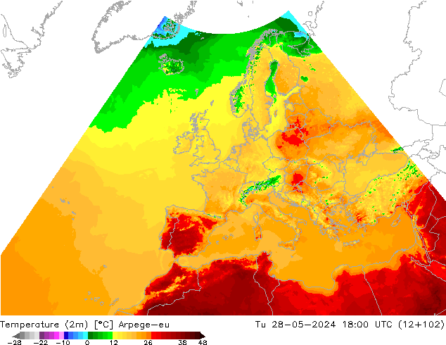 température (2m) Arpege-eu mar 28.05.2024 18 UTC