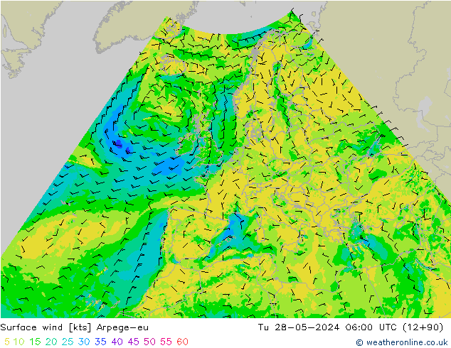 Surface wind Arpege-eu Tu 28.05.2024 06 UTC