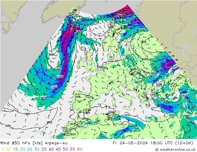 Wind 850 hPa Arpege-eu Fr 24.05.2024 18 UTC