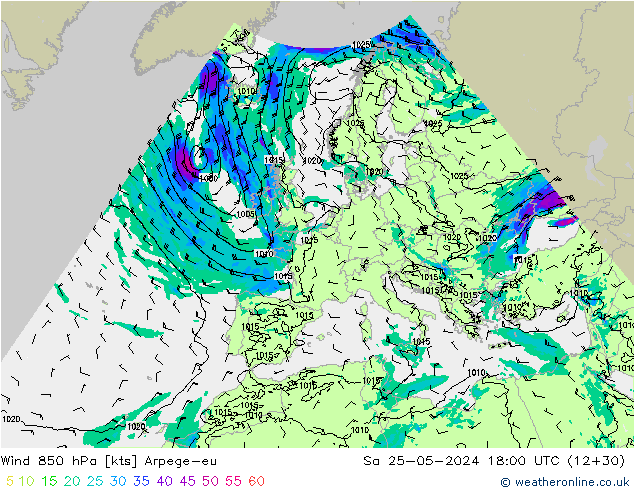 Wind 850 hPa Arpege-eu Sa 25.05.2024 18 UTC
