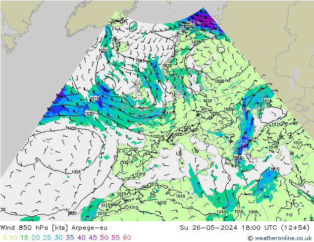 ветер 850 гПа Arpege-eu Вс 26.05.2024 18 UTC