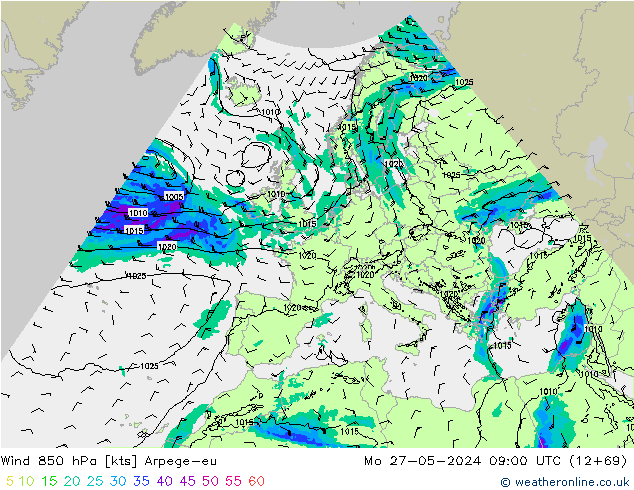wiatr 850 hPa Arpege-eu pon. 27.05.2024 09 UTC