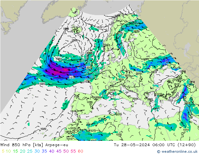 Wind 850 hPa Arpege-eu Tu 28.05.2024 06 UTC