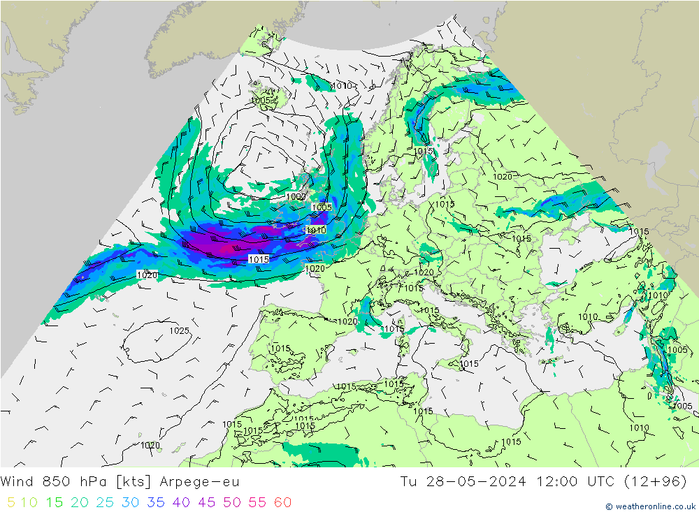 Wind 850 hPa Arpege-eu Tu 28.05.2024 12 UTC